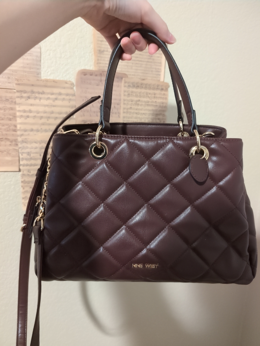 Nine West Quilted Top-Handle Satchel in Deep Burgundy